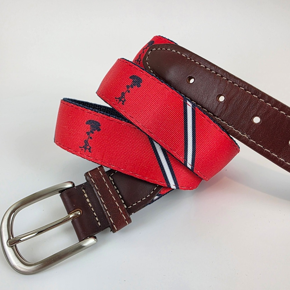 YRI Mens Red Navy Striped Pine Tree Golf Club Canvas Leather Belt Size 38 USA